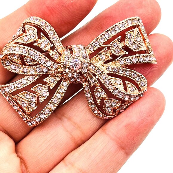Kenneth Jay Lane KJL Rose Gold Tone Pink Pave Rhinestone Bow Brooch 2" - Picture 6 of 9